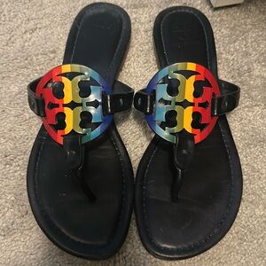 Tory Burch Miller T Logo Rainbow Patent Sandals